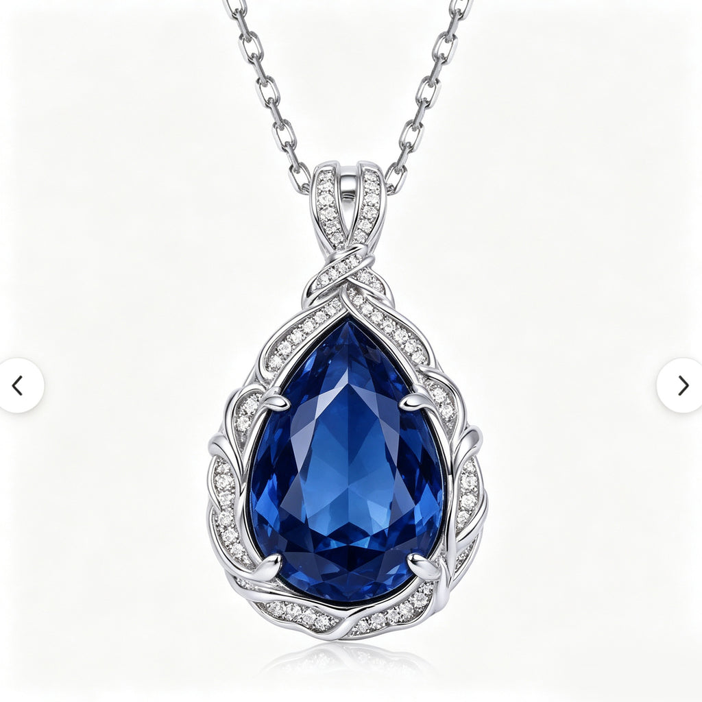 Royal Sapphire Foliate Teardrop Crystal Pendant Necklace