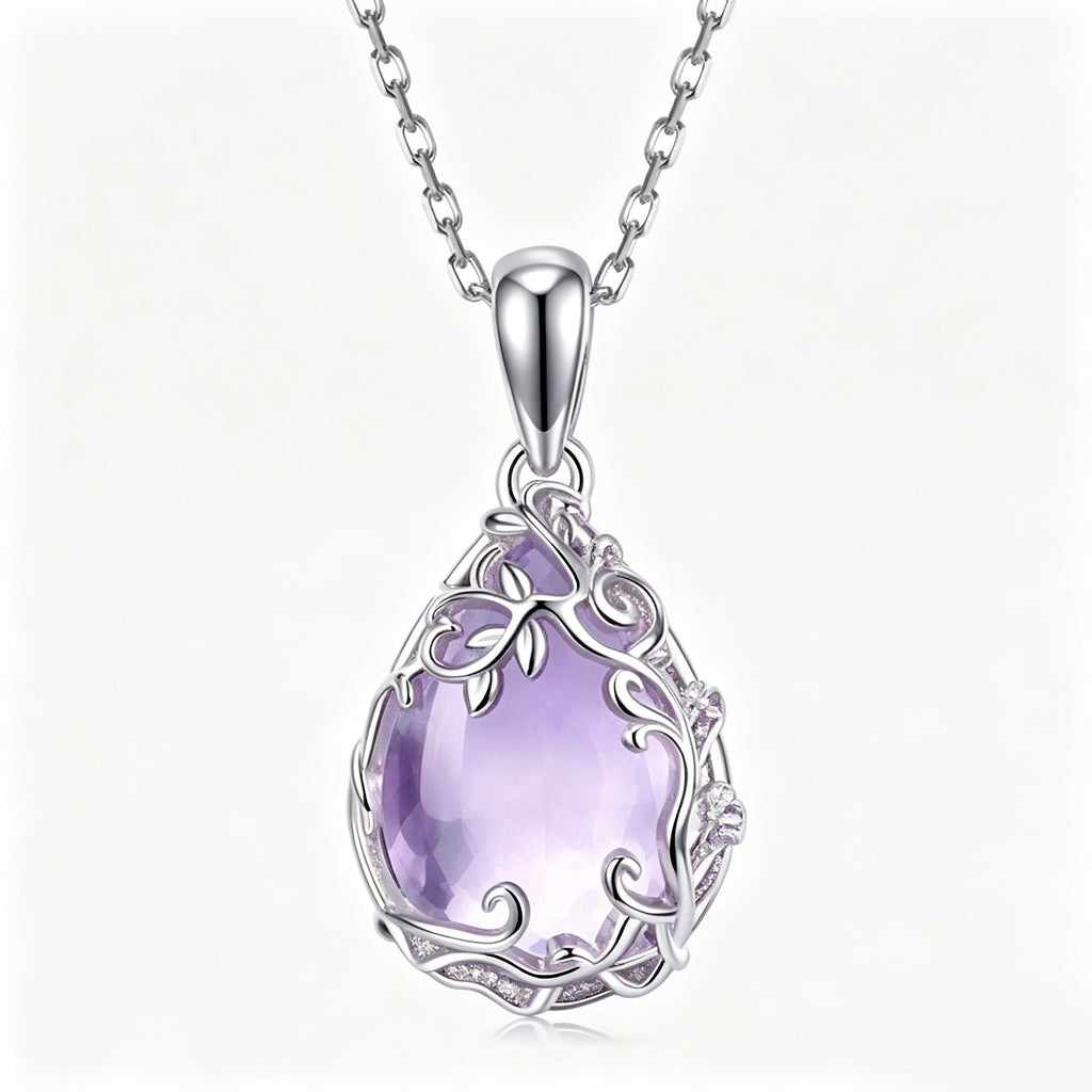 Amethyst Blossom Vine Teardrop Pendant Necklace