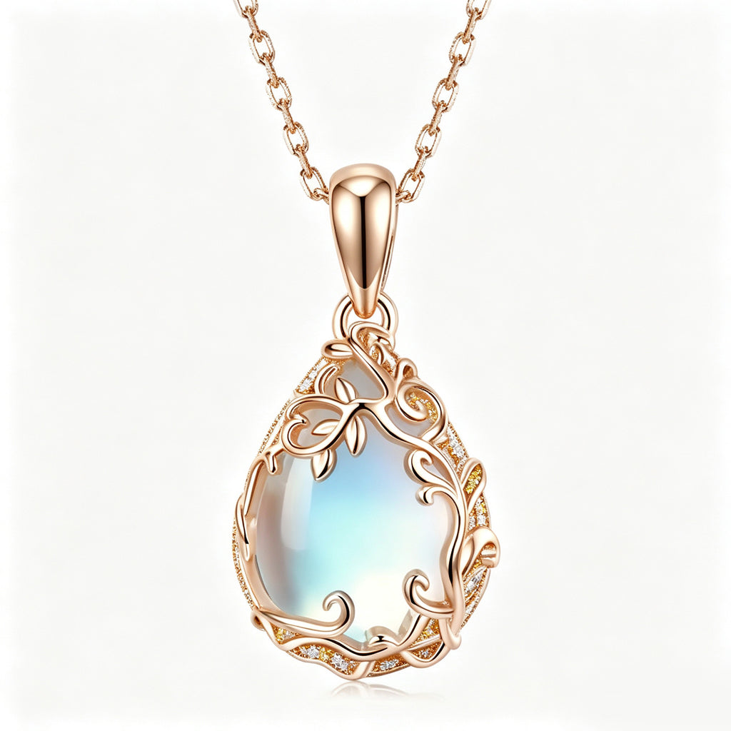 Rose Gold Opal Vine Teardrop Pendant Necklace