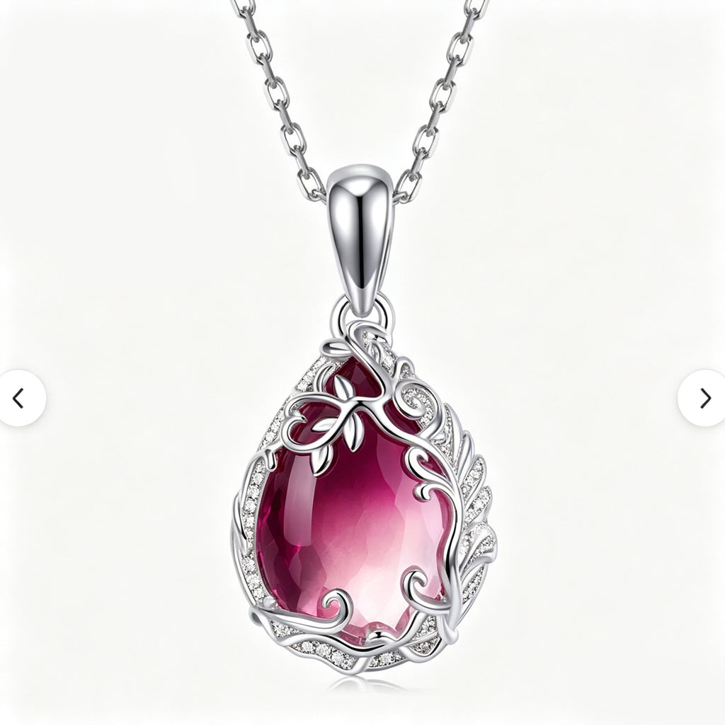 Crimson Bloom Vine Teardrop Pendant Necklace