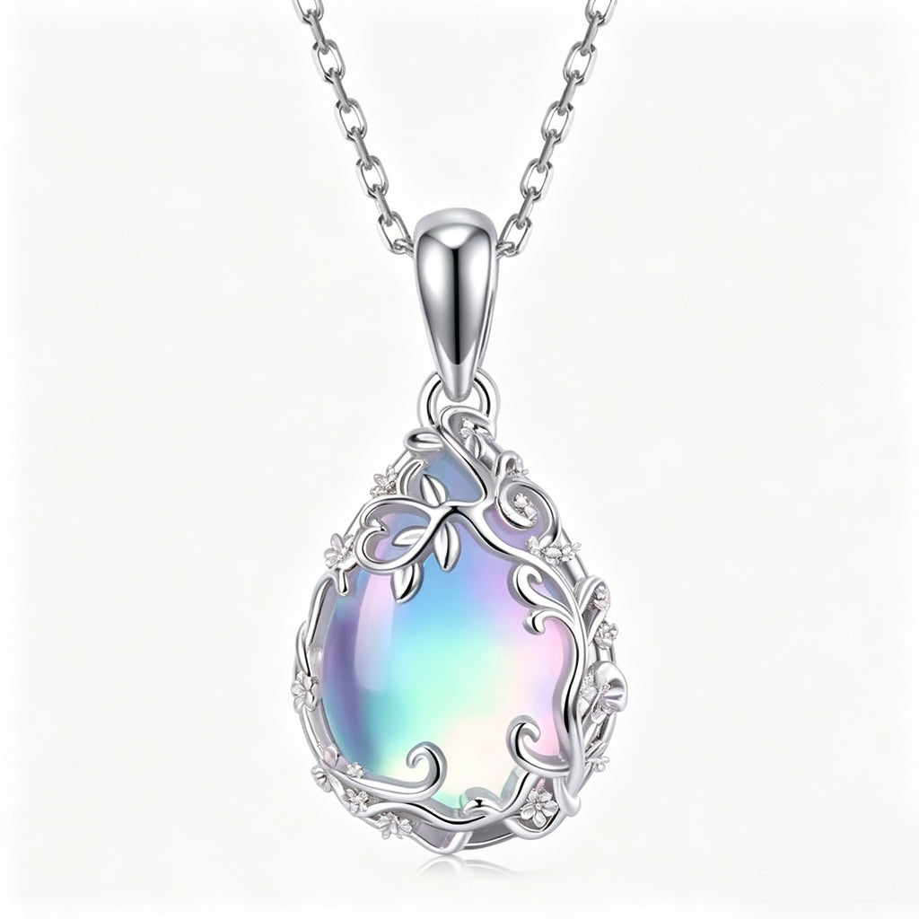 Luminescent Pastel Rainbow Vine Teardrop Pendant Necklace