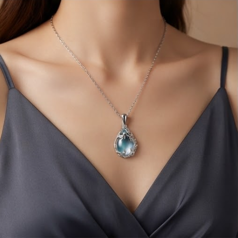 Ethereal Blue Vine Teardrop Pendant Necklace