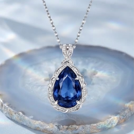 Royal Sapphire Foliate Teardrop Crystal Pendant Necklace