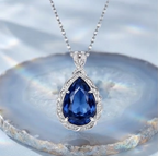 Royal Sapphire Foliate Teardrop Crystal Pendant Necklace