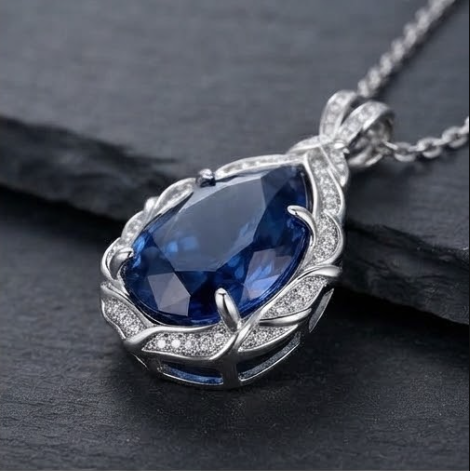 Royal Sapphire Foliate Teardrop Crystal Pendant Necklace