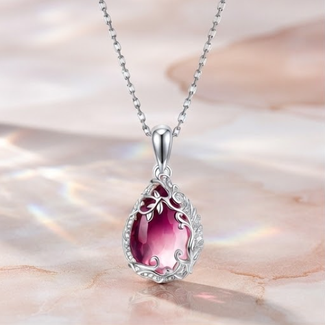 Crimson Bloom Vine Teardrop Pendant Necklace