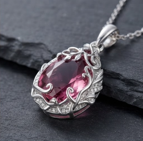 Crimson Bloom Vine Teardrop Pendant Necklace