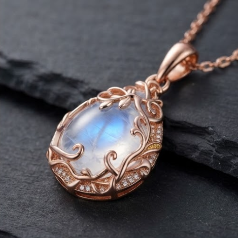 Rose Gold Opal Vine Teardrop Pendant Necklace