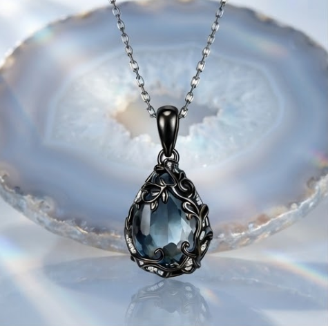 Midnight Smoke Black Vine Teardrop Pendant Necklace