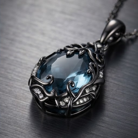 Midnight Smoke Black Vine Teardrop Pendant Necklace