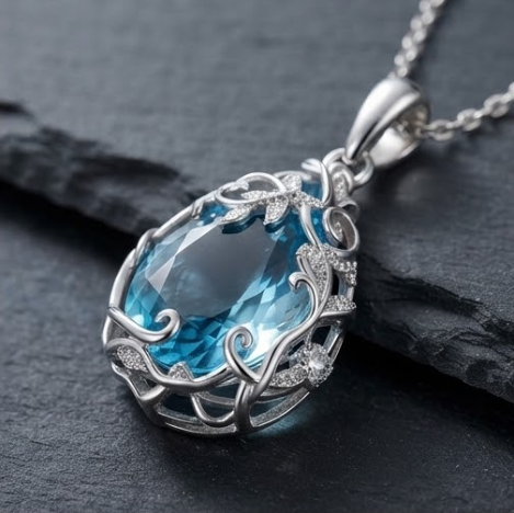 Frost Blue Vine Teardrop Pendant Necklace